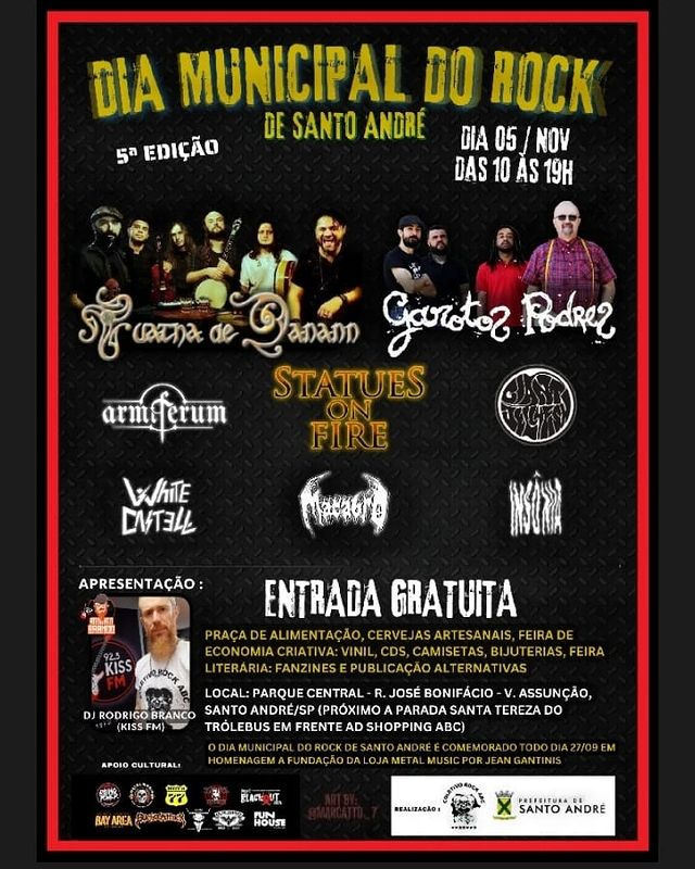 DIA MUNICIPAL DO ROCK DE SANTO ANDRÉ: TUATHA DE DANANN | GAROTOS PODRES | ARMIFERUM | STATUES ON FIRE | GIANT JELLYFISH | MACABRO | INSÔNIA | WHITE CASTELL – SANTO ANDRÉ (SP)