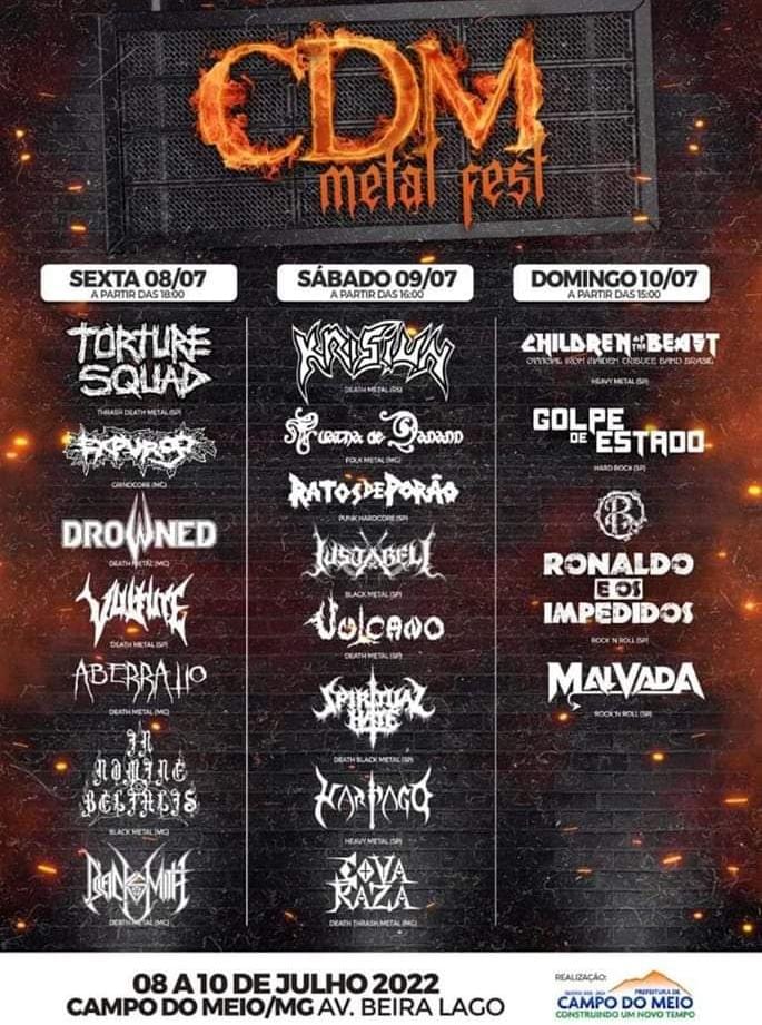 CDM METAL FEST – KRISIUN | TUATHA DE DANANN | RATOS DE PORÃO | JUSTABELI | VULCANO | SPIRITUAL HATE | HARPAGO | COVA RAZA (CAMPO DO MEIO/MG)